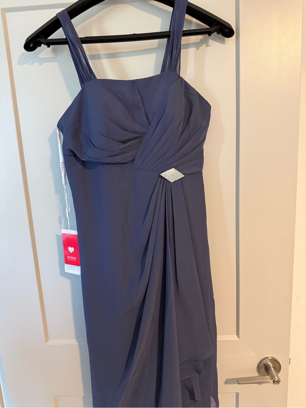JJs House Navy Blue Midi Dress with Rhinestone Waist Accent